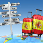 31615664 – travel concept. suitcases and signpost what to visit in spain. 3d